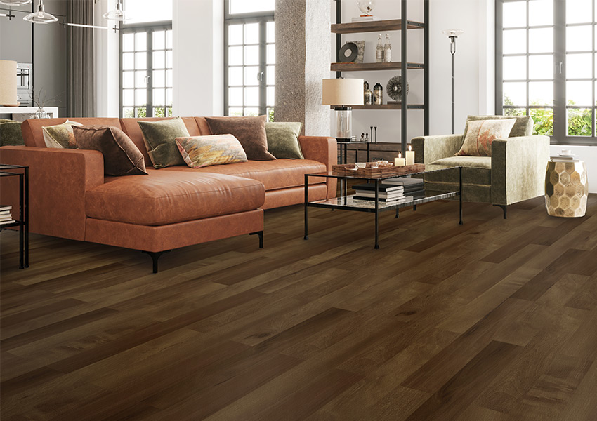 dark luxury vinyl plank flooring in living room with ambient lighting